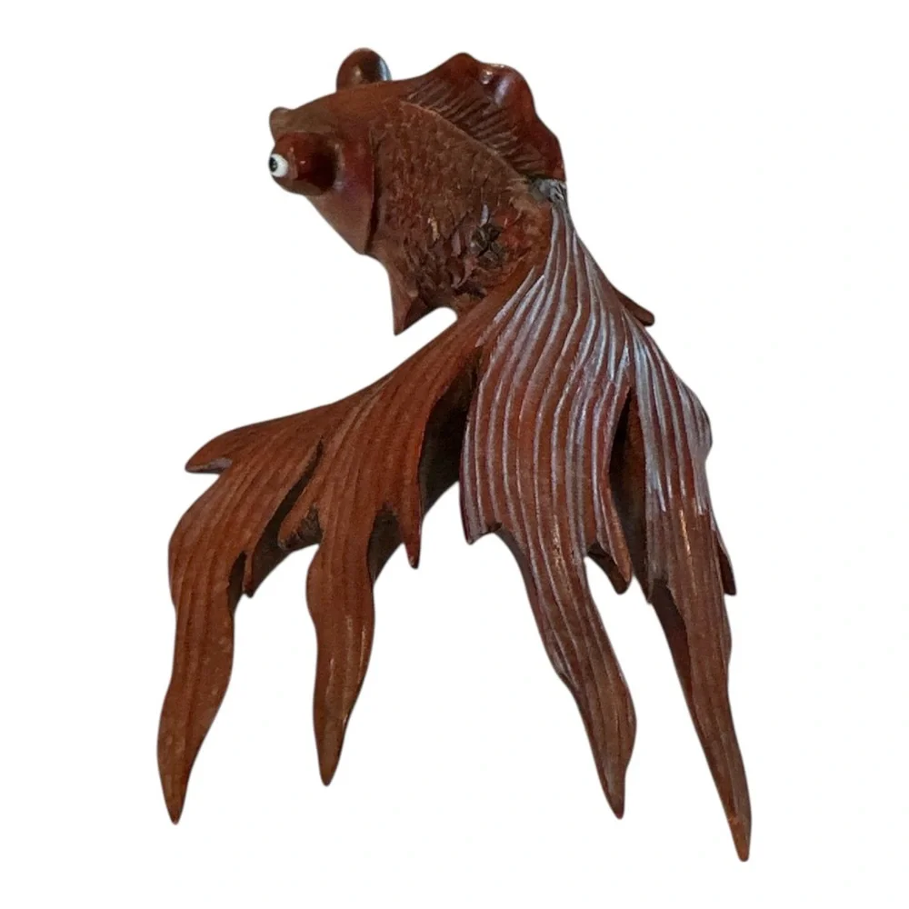 Vintage Japanese Hand-carved Rosewood Koi Fish Figurine Glass Eyes
